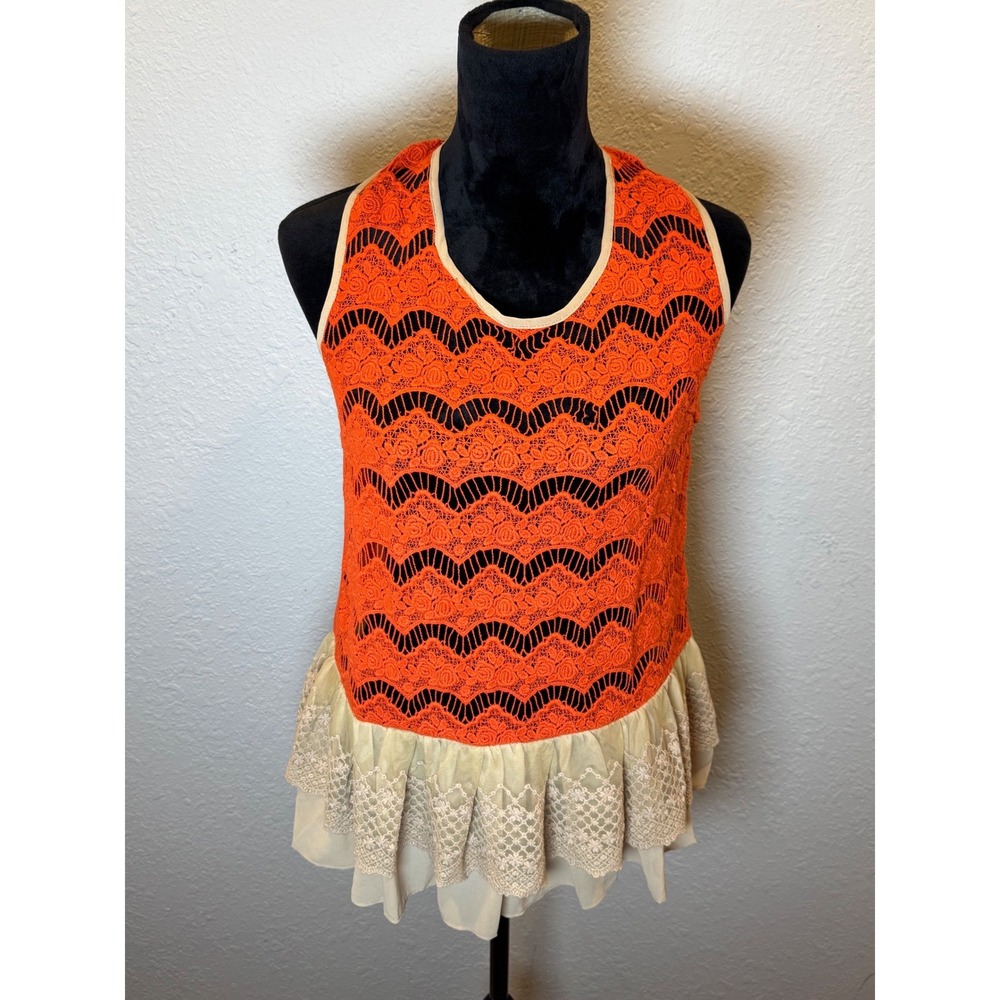 Ryu Orange Crochet Lace Peplum Top Tan Ruffle Back Tie Sleeveless Read